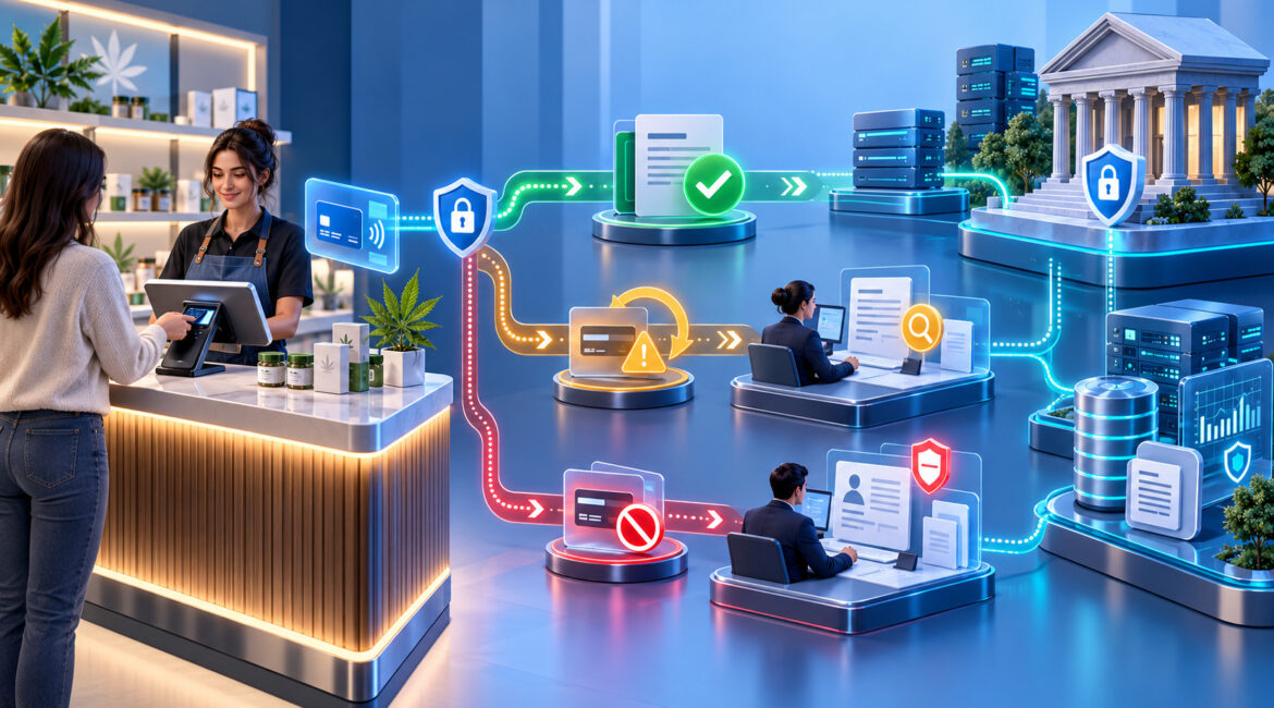 Dispensary ACH returns showing successful, insufficient-funds and unauthorized payment paths
